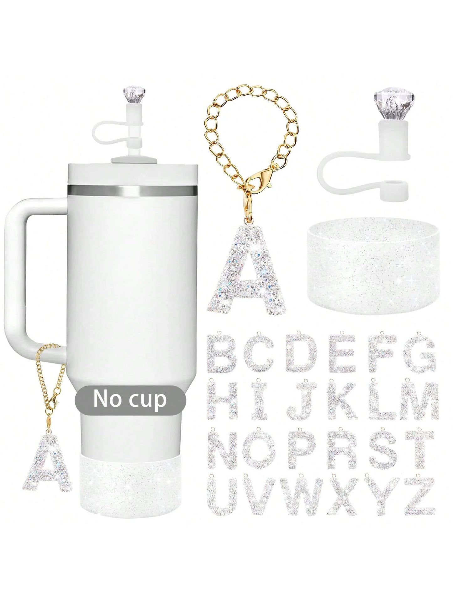 3Pcs Accessories Set for Stanley Cup, Including Diamond Straw Topper/Sparkly Silicone Boot Set（White）