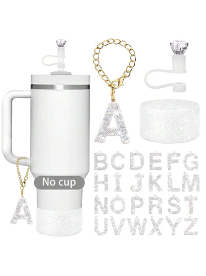 3Pcs Accessories Set for Stanley Cup, Including Diamond Straw Topper/Sparkly Silicone Boot Set（White）