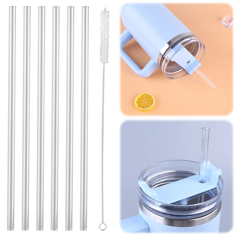 6Pcs Long Straws with Cleaning Brush Drinking Straws Transparent Straw for Stanley 20/30/40oz Accessories