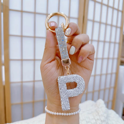 1pc Sparkling Rhinestone Alphabet Keychain, Alloy Round Letter Charm with Ring Buckle, Decorative Crystal Pendant Accessory
