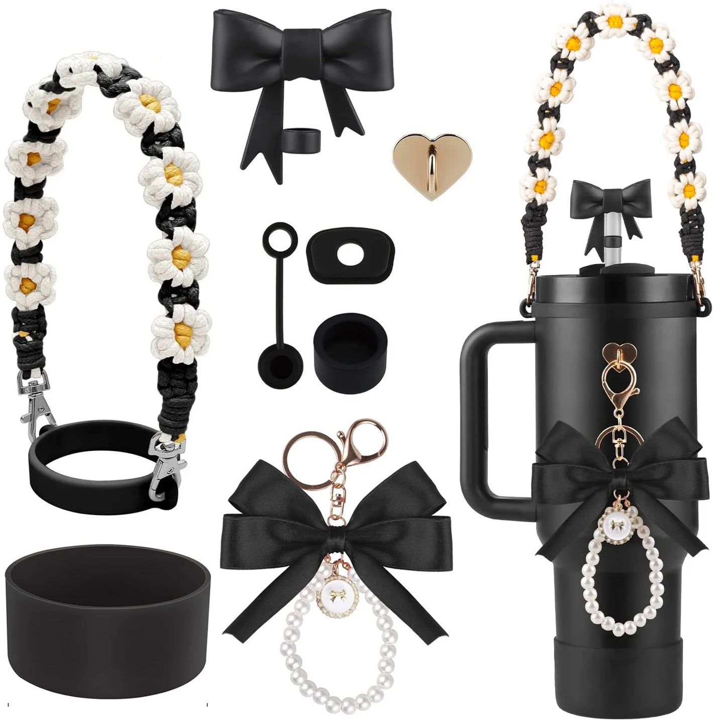 9pcs Accessories Set for Stanley Cup Water Bottle Handle Strap Boot Bow Straw Cover Pearl Charms Straw Topper 40oz 30oz Tumbler