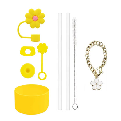 9pcs Cup Accessories for Stanley Set, 3 Spill Proof Stopper 2 Straws and Brush and 1 Flower Charm Chain Flowers Straw Cover Boot