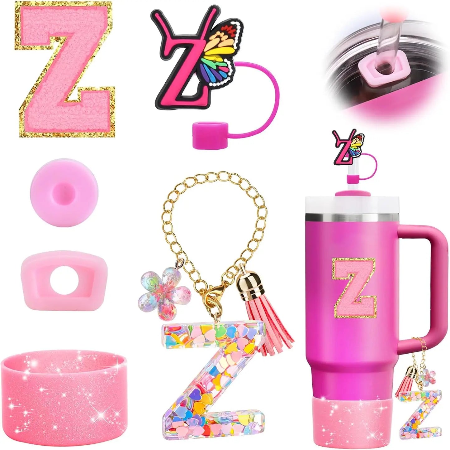 7PCS Cup Accessories Set for Stanley 30oz 40oz Tumbler Initials Silicone Straw Cover Cap Boot Letter Handle Charm Sticker