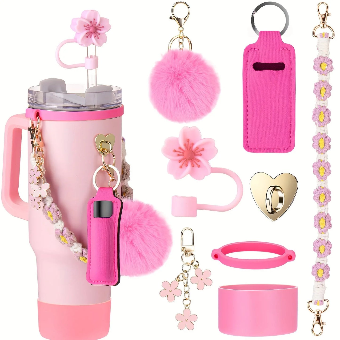 8PCS Cup Accessories, Set includes Water Bottle Handle Strap, Siliocne Boots, Lipstick Sleeve Pouch Straw Cap Cover for Stanley