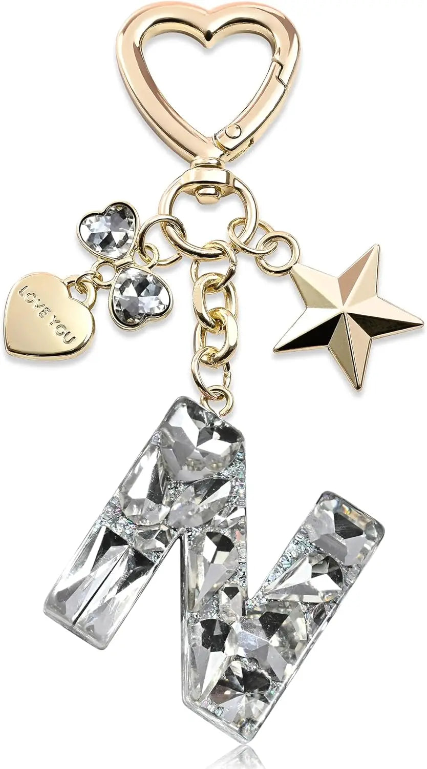 Cute Bling Keychain initial Letter Butterfly Star Pink Purple Gift for Women Girls Bag Cup Charms Accessories