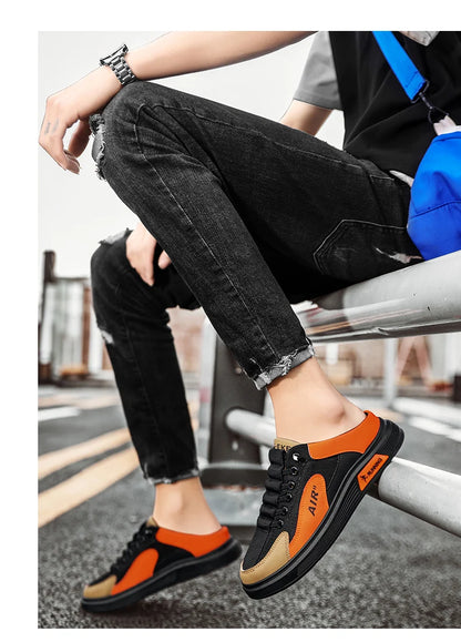 Half Slippers Men Low-top Canvas Shoes Casual Breathable Sneakers Korean Style Autumn Lace Up Casual Non-slip Trainers