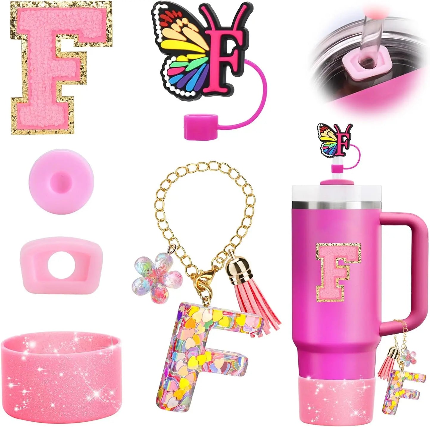 7PCS Cup Accessories Set for Stanley 30oz 40oz Tumbler Initials Silicone Straw Cover Cap Boot Letter Handle Charm Sticker