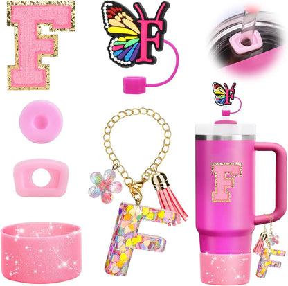 7PCS Cup Accessories Set for Stanley 30oz 40oz Tumbler Initials Silicone Straw Cover Cap Boot Letter Handle Charm Sticker
