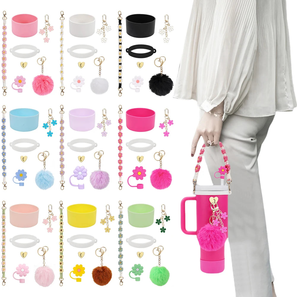 7Pcs/Set Siliocne Water Bottle Boot Straw Lid Handle Strap Keychain Mini Hook for Stanley 40oz Tumbler Accessories Set