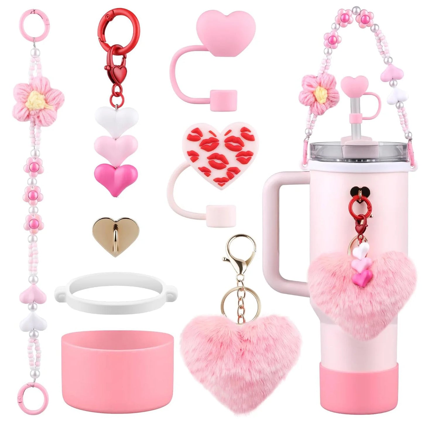 9pcs Accessories Set for Stanley Cup Water Bottle Handle Strap Boot Bow Straw Cover Pearl Charms Straw Topper 40oz 30oz Tumbler