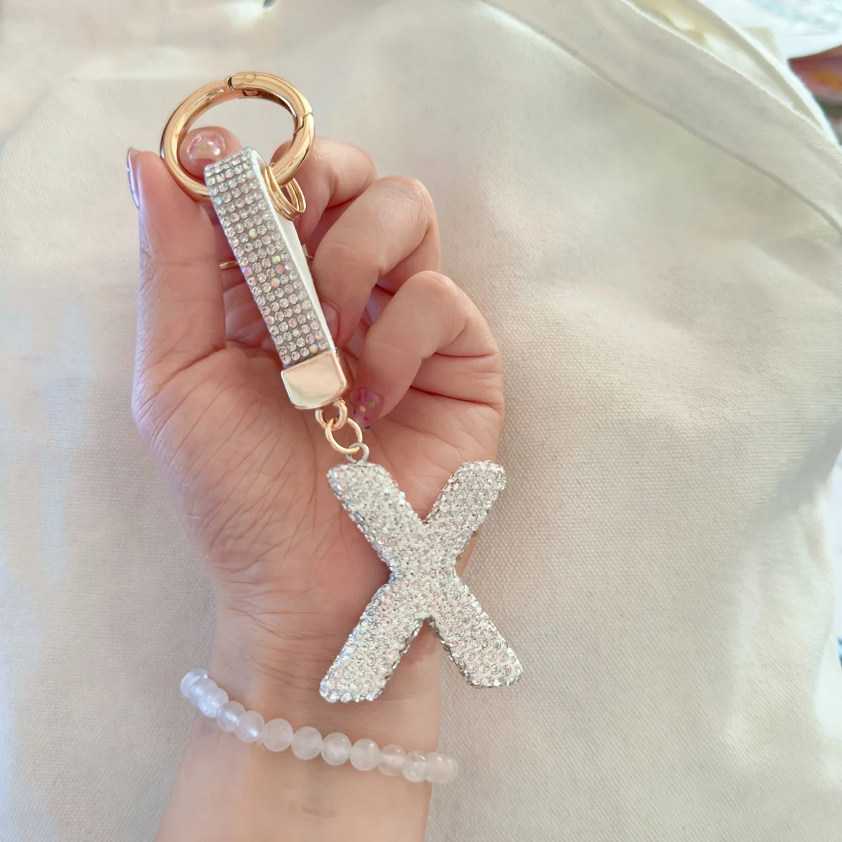 1pc Sparkling Rhinestone Alphabet Keychain, Alloy Round Letter Charm with Ring Buckle, Decorative Crystal Pendant Accessory
