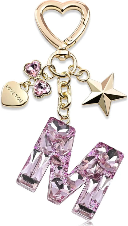 Cute Bling Keychain initial Letter Butterfly Star Pink Purple Gift for Women Girls Bag Cup Charms Accessories