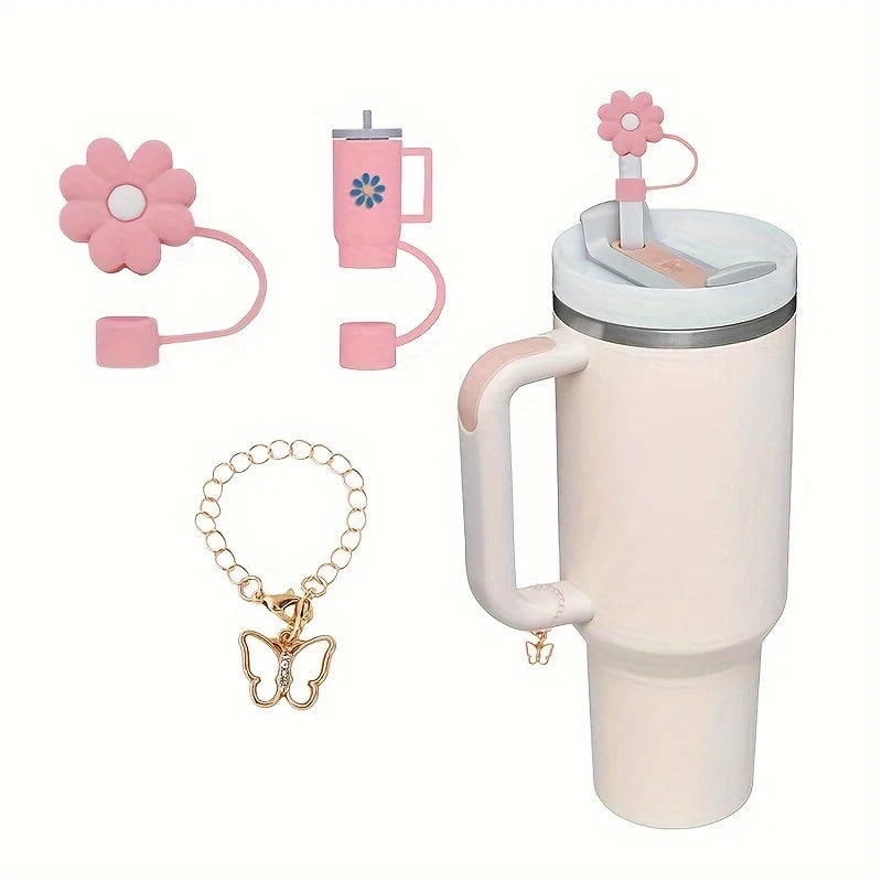 3pcs/set Stanley Cup Accessories - Including 2 Silicone Straw Caps, And 1 Butterfly Charm