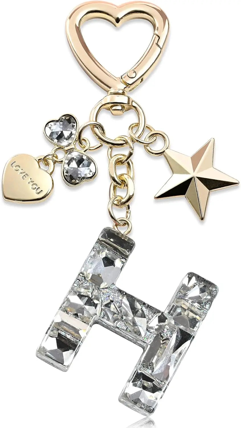 Cute Bling Keychain initial Letter Butterfly Star Pink Purple Gift for Women Girls Bag Cup Charms Accessories