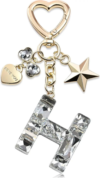 Cute Bling Keychain initial Letter Butterfly Star Pink Purple Gift for Women Girls Bag Cup Charms Accessories