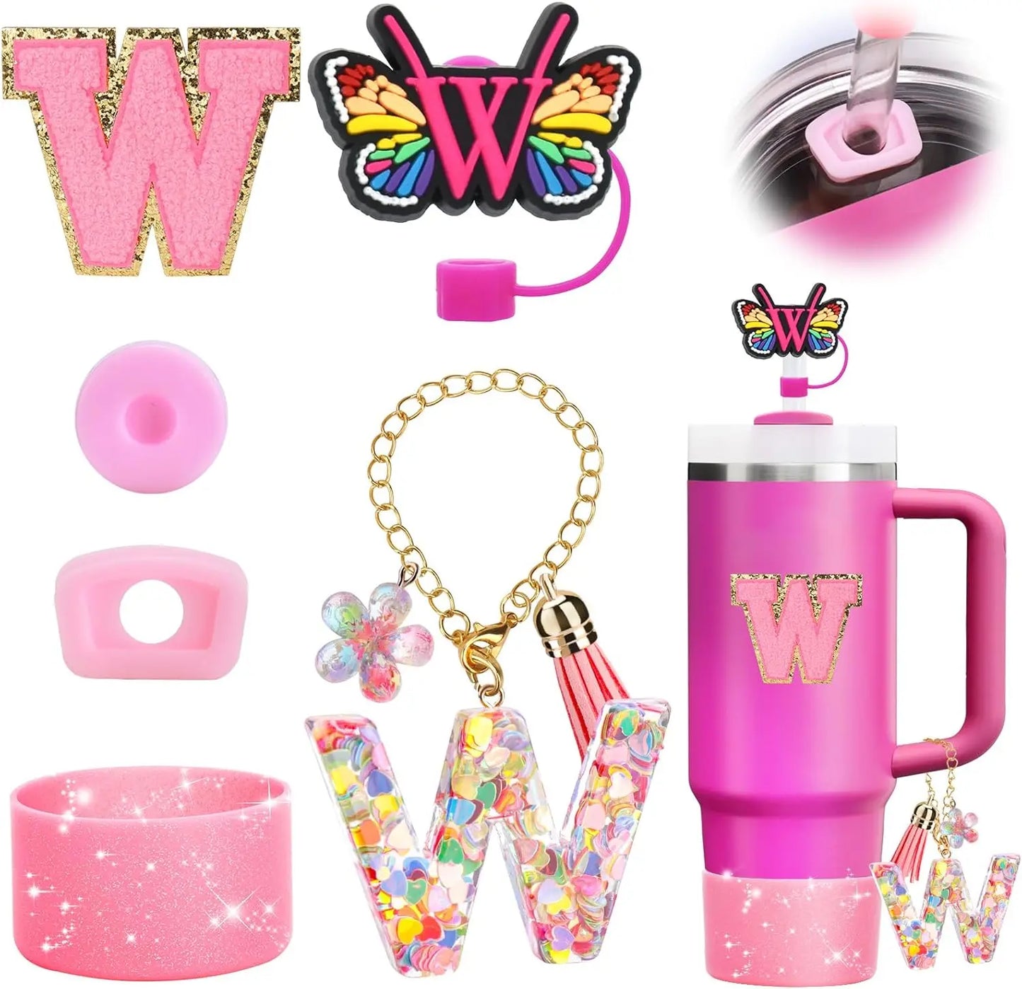 7PCS Cup Accessories Set for Stanley 30oz 40oz Tumbler Initials Silicone Straw Cover Cap Boot Letter Handle Charm Sticker