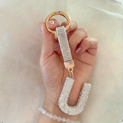 1pc Sparkling Rhinestone Alphabet Keychain, Alloy Round Letter Charm with Ring Buckle, Decorative Crystal Pendant Accessory