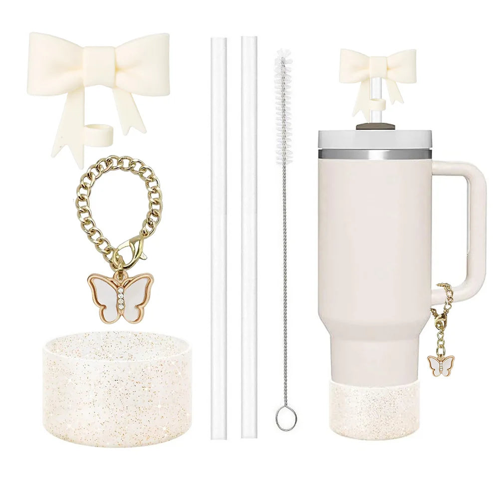 6pcs Accessories Set for Stanley Cup 30oz/40oz Including Glitter Silicone Boot Diamond Butterfly Charm Chain Bow Silicone Straw