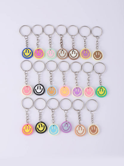 20pcs Cartoon Smile Face Keychain Cute Key Chain Ring Purse Bag Backpack Charm Earbud Case Cover Accessories Party Supplies Gift