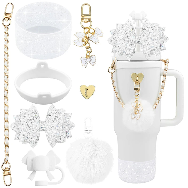 Bling Stanley Cup Accessories For 40oz & 30oz Tumbler Including Silicone Cute Bow Straw Topper Cover, Silicone Stanley Cup Boot