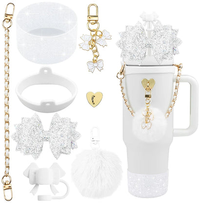 Bling Stanley Cup Accessories For 40oz & 30oz Tumbler Including Silicone Cute Bow Straw Topper Cover, Silicone Stanley Cup Boot