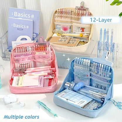 12-Layer Large Capacity Pen Bag 90 Degree Large Opening Student Multifunctional Pencil Case Zipper Stationery Organizer School