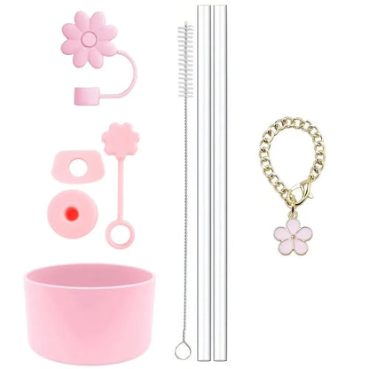 Cup Accessories for Stanley Set of 9, 2 Straw and Brush and 1 Flower Charm Chain 3 Spill Proof Stopper Flowers Straw Cover Boot