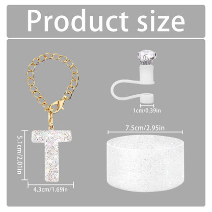 3Pcs Accessories Set for Stanley Cup, Including Diamond Straw Topper/Sparkly Silicone Boot Set（White）