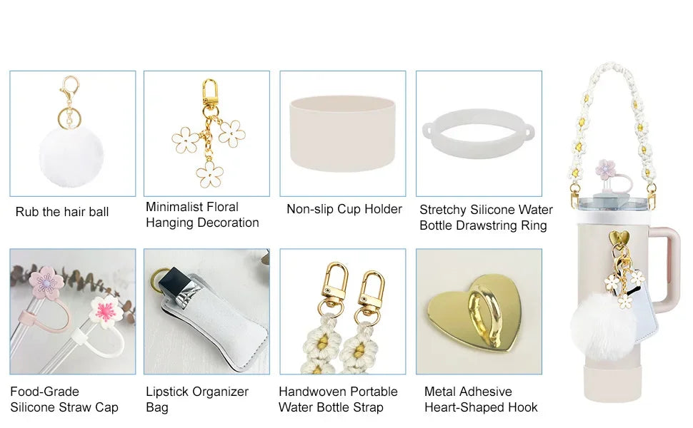 12PCS Accessories for Stanley Cup Water Bottle Handle Strap 30/40 oz Tumbler Straw Toppers Keychain Charms Silicone Cup Boot