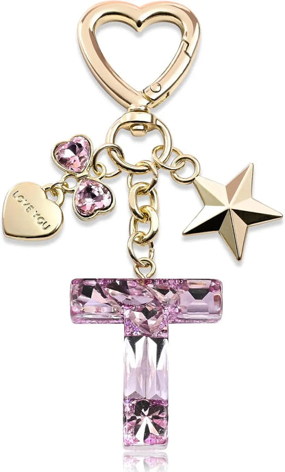 Cute Bling Keychain initial Letter Butterfly Star Pink Purple Gift for Women Girls Bag Cup Charms Accessories