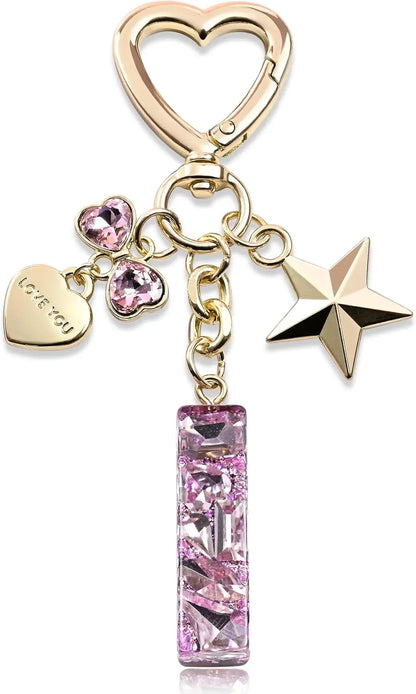Cute Bling Keychain initial Letter Butterfly Star Pink Purple Gift for Women Girls Bag Cup Charms Accessories