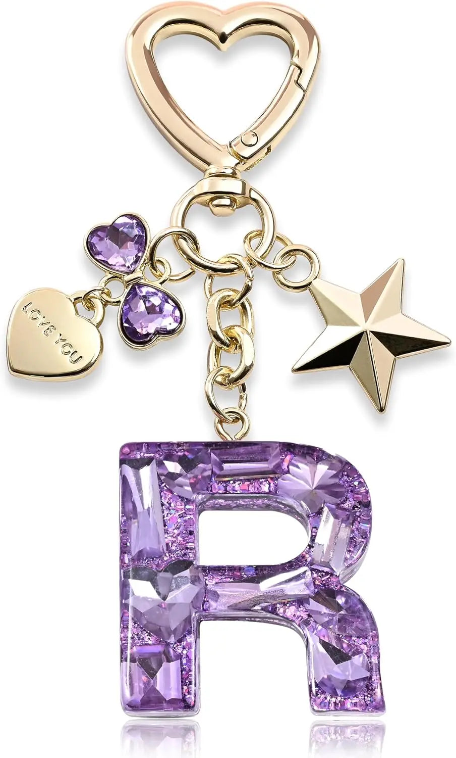 Cute Bling Keychain initial Letter Butterfly Star Pink Purple Gift for Women Girls Bag Cup Charms Accessories