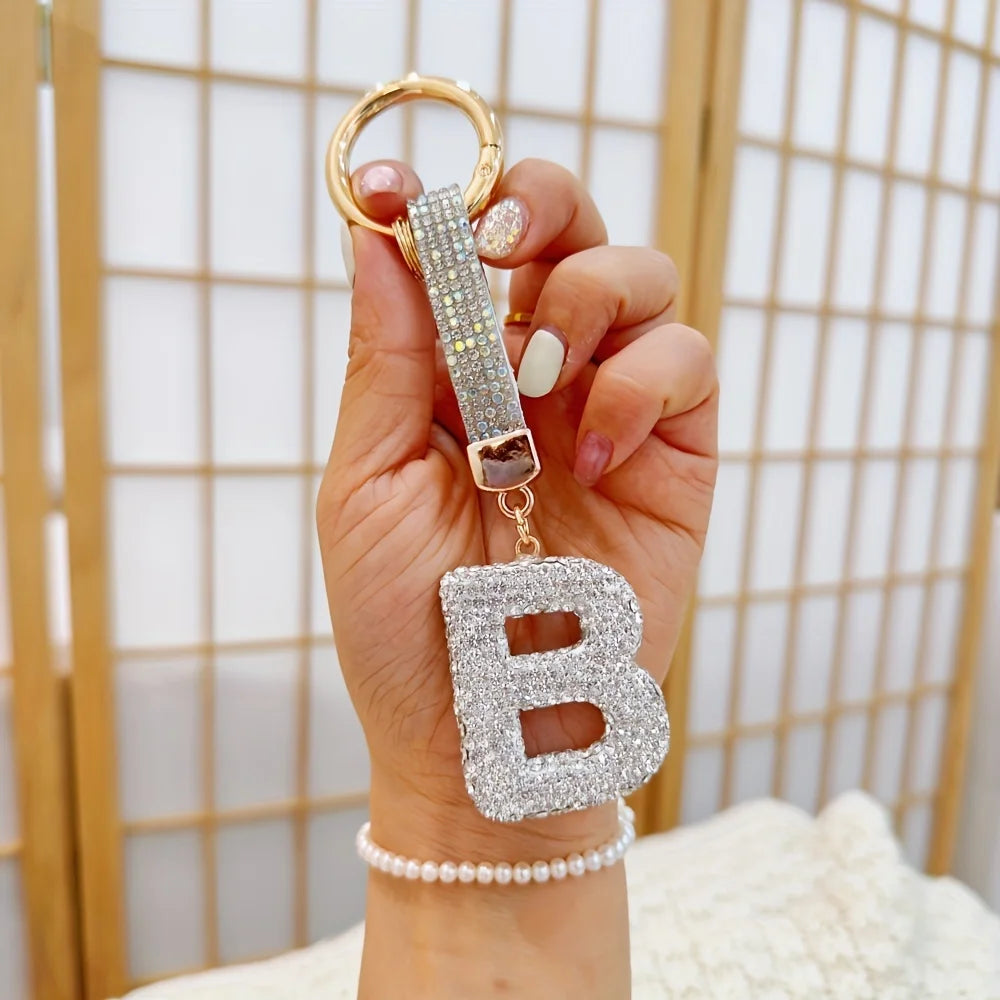 1pc Sparkling Rhinestone Alphabet Keychain, Alloy Round Letter Charm with Ring Buckle, Decorative Crystal Pendant Accessory