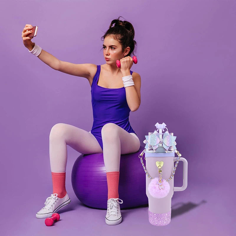 Bling Stanley Cup Accessories For 40oz & 30oz Tumbler Including Silicone Cute Bow Straw Topper Cover, Silicone Stanley Cup Boot