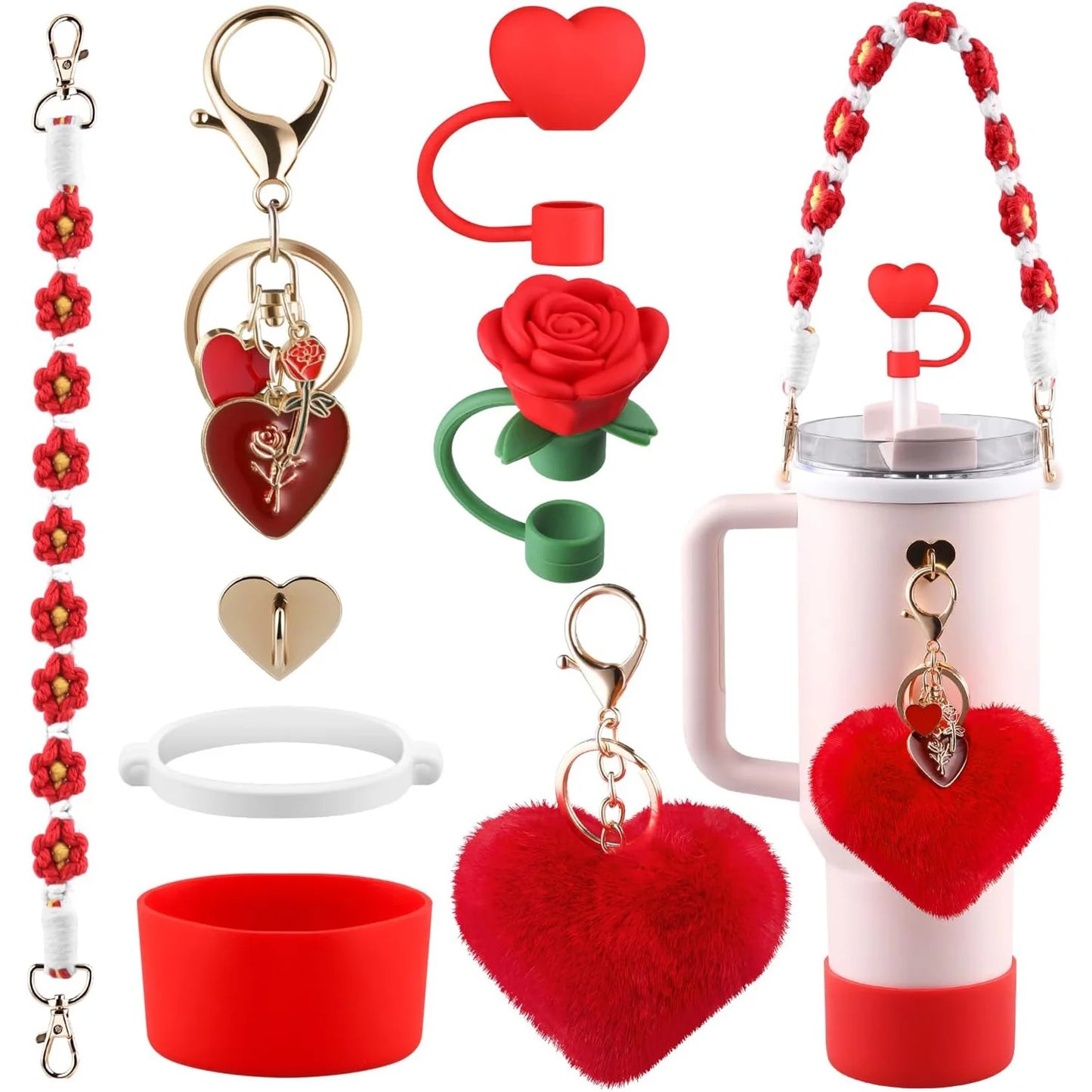 9pcs Accessories Set for Stanley Cup Water Bottle Handle Strap Boot Bow Straw Cover Pearl Charms Straw Topper 40oz 30oz Tumbler