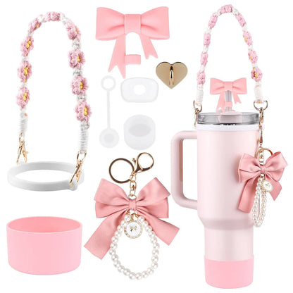 9pcs Accessories Set for Stanley Cup Water Bottle Handle Strap Boot Bow Straw Cover Pearl Charms Straw Topper 40oz 30oz Tumbler