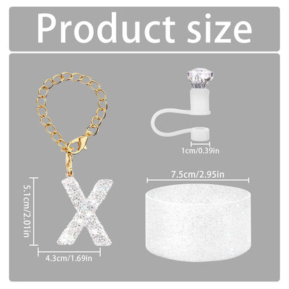 3Pcs Accessories Set for Stanley Cup, Including Diamond Straw Topper/Sparkly Silicone Boot Set（White）