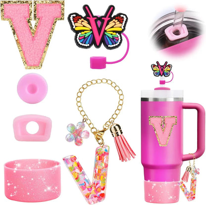 7PCS Cup Accessories Set for Stanley 30oz 40oz Tumbler Initials Silicone Straw Cover Cap Boot Letter Handle Charm Sticker