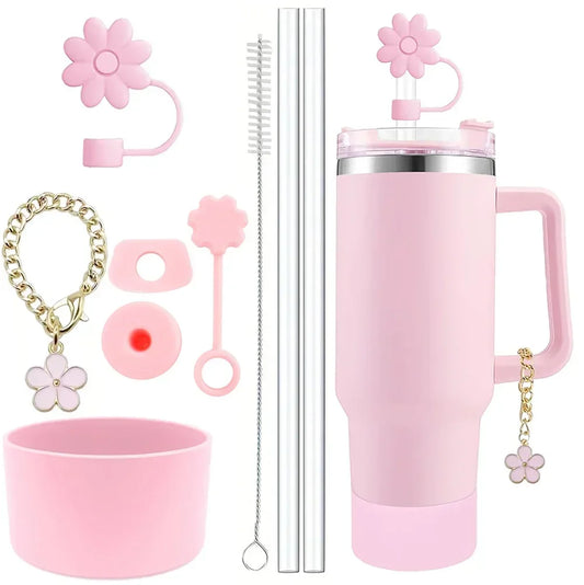 9pcs Cup Accessories for Stanley Set, 3 Spill Proof Stopper 2 Straws and Brush and 1 Flower Charm Chain Flowers Straw Cover Boot