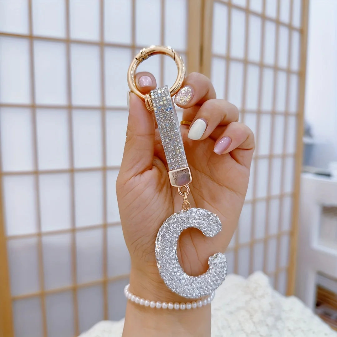 1pc Sparkling Rhinestone Alphabet Keychain, Alloy Round Letter Charm with Ring Buckle, Decorative Crystal Pendant Accessory