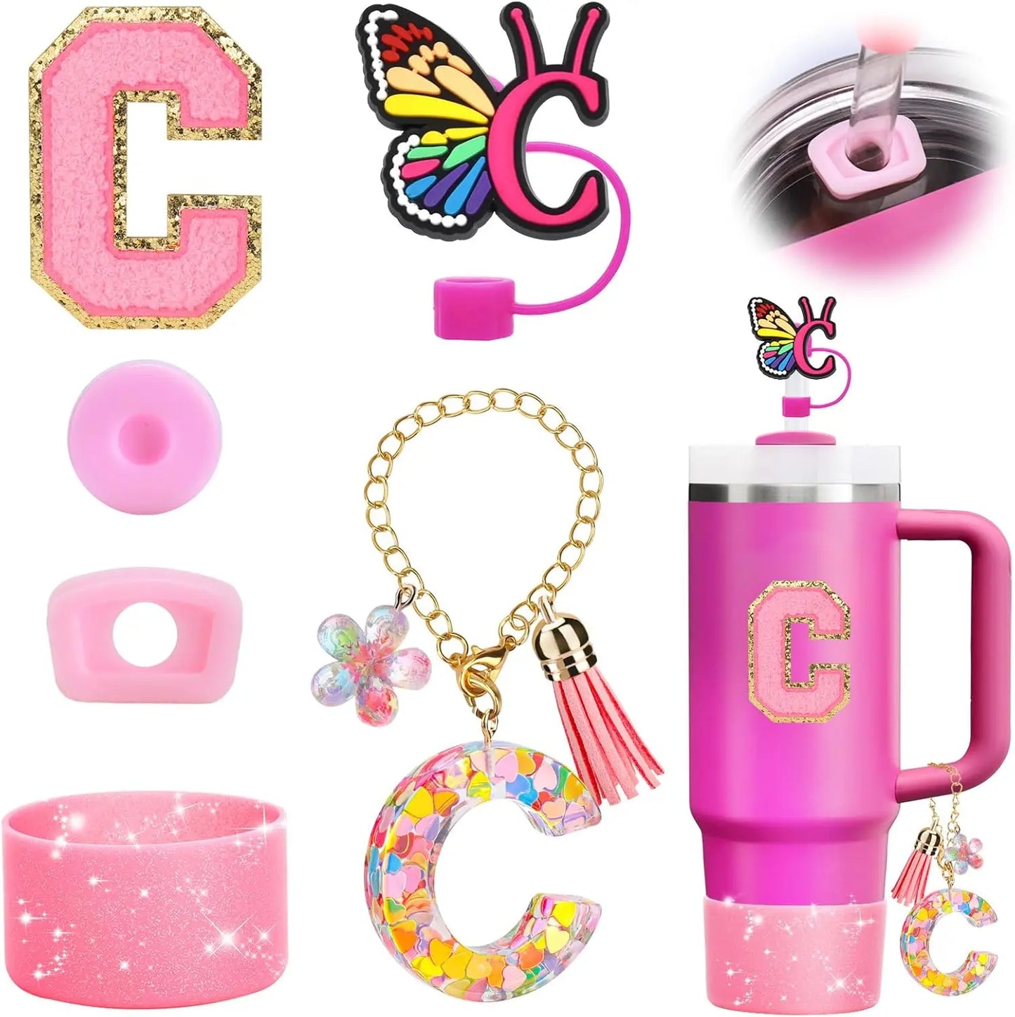 7PCS Cup Accessories Set for Stanley 30oz 40oz Tumbler Initials Silicone Straw Cover Cap Boot Letter Handle Charm Sticker