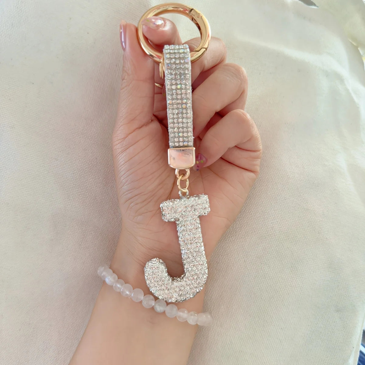 1pc Sparkling Rhinestone Alphabet Keychain, Alloy Round Letter Charm with Ring Buckle, Decorative Crystal Pendant Accessory