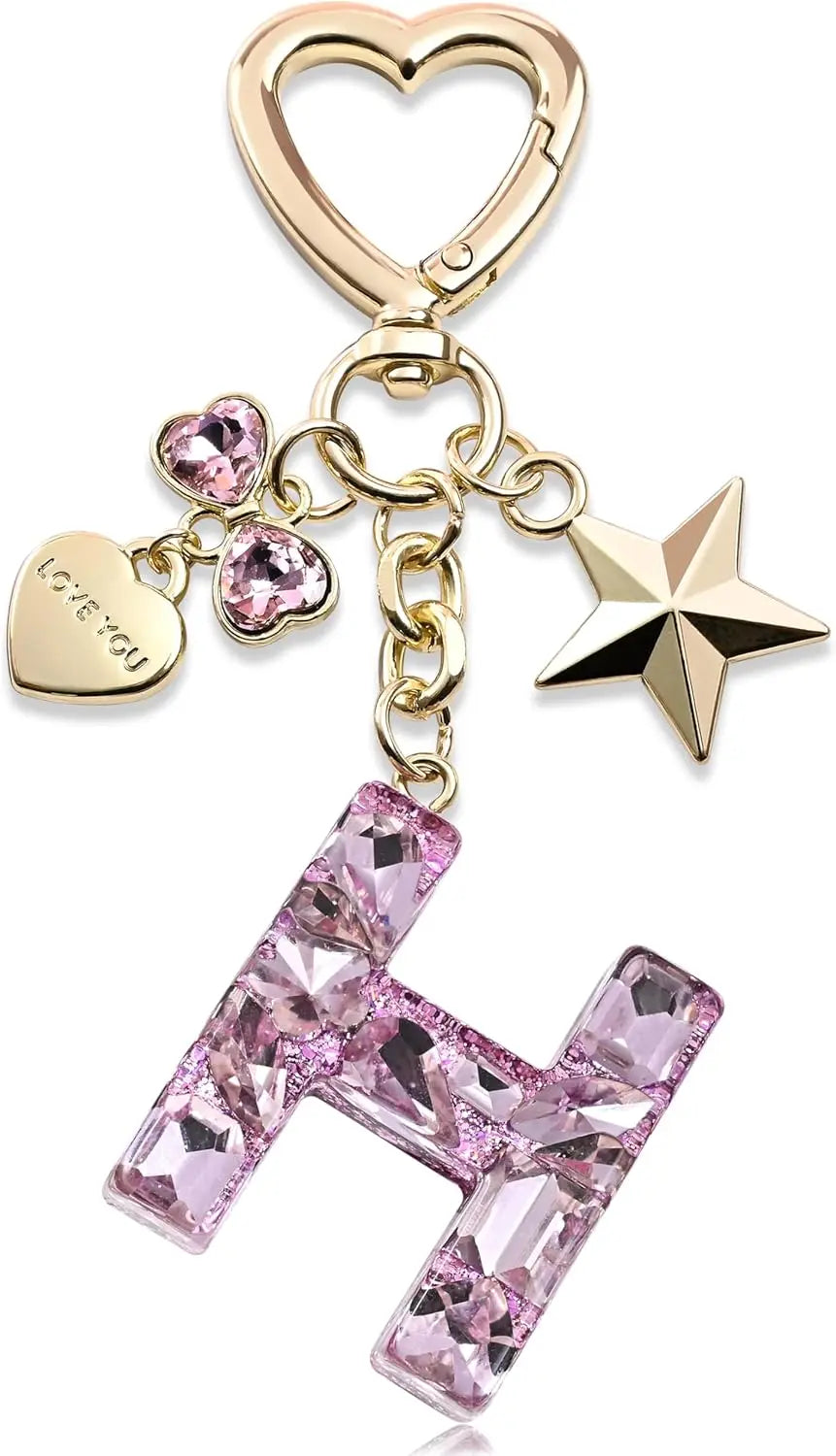 Cute Bling Keychain initial Letter Butterfly Star Pink Purple Gift for Women Girls Bag Cup Charms Accessories