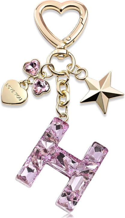Cute Bling Keychain initial Letter Butterfly Star Pink Purple Gift for Women Girls Bag Cup Charms Accessories