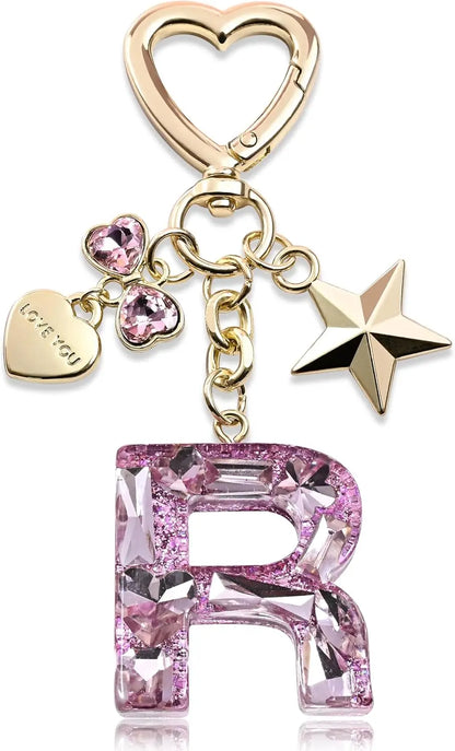 Cute Bling Keychain initial Letter Butterfly Star Pink Purple Gift for Women Girls Bag Cup Charms Accessories