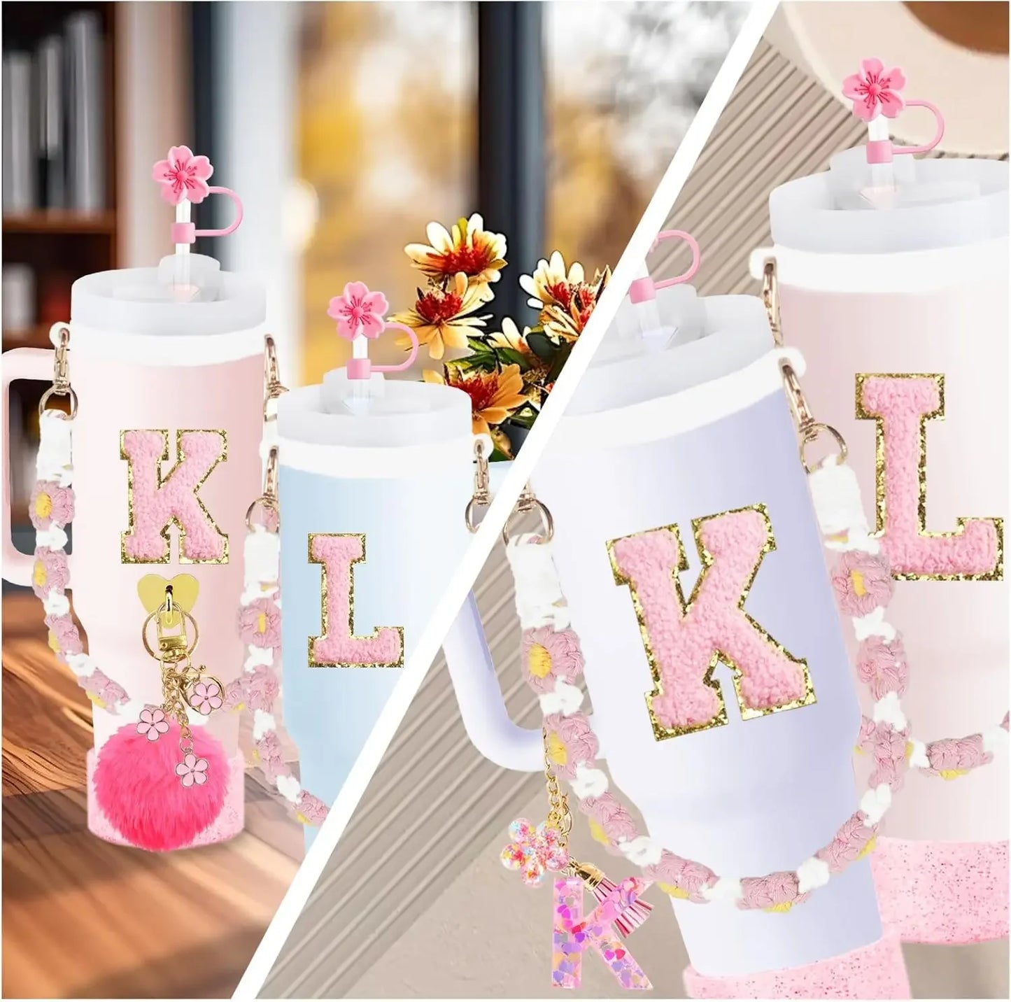 12PCS Cup Accessories for Stanley Cup,Straw Cover Cap 30oz 40oz Water Bottle Handle Strap,Boot,Chains,Personalized Sticker