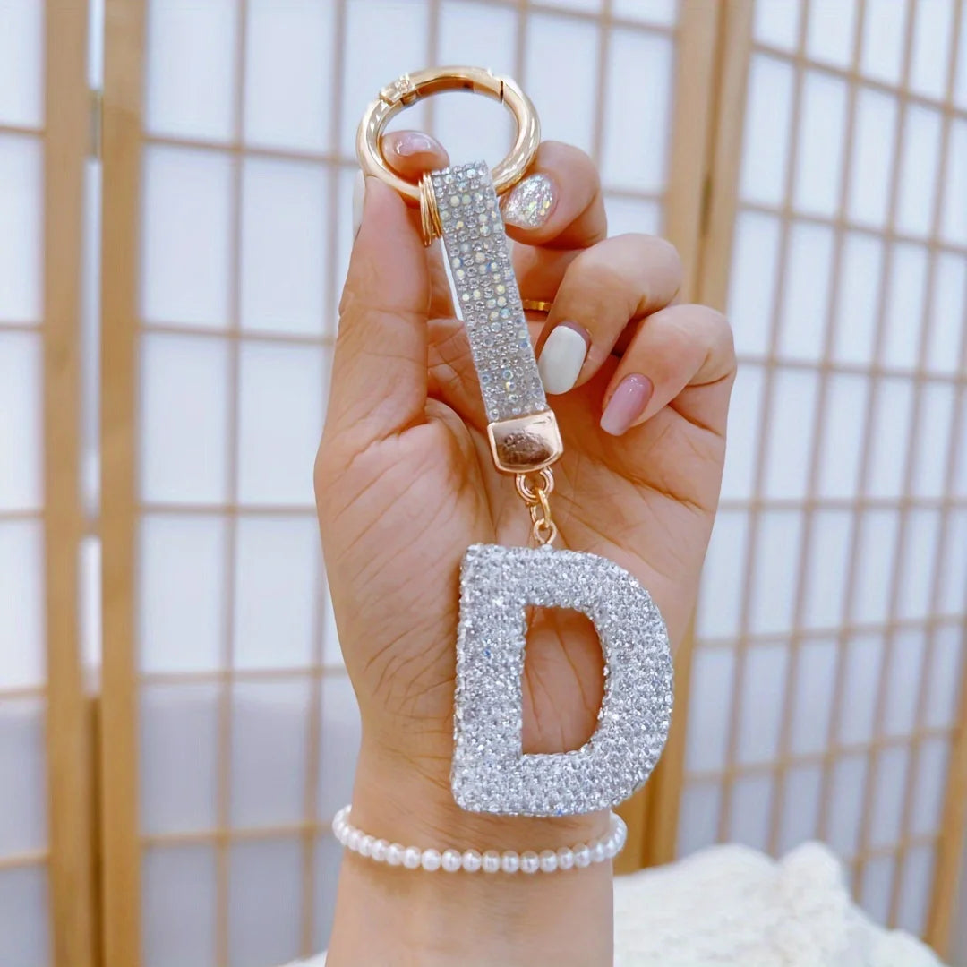 1pc Sparkling Rhinestone Alphabet Keychain, Alloy Round Letter Charm with Ring Buckle, Decorative Crystal Pendant Accessory