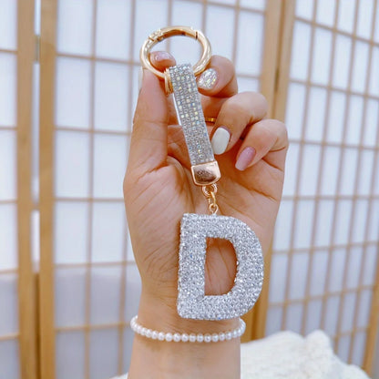 1pc Sparkling Rhinestone Alphabet Keychain, Alloy Round Letter Charm with Ring Buckle, Decorative Crystal Pendant Accessory
