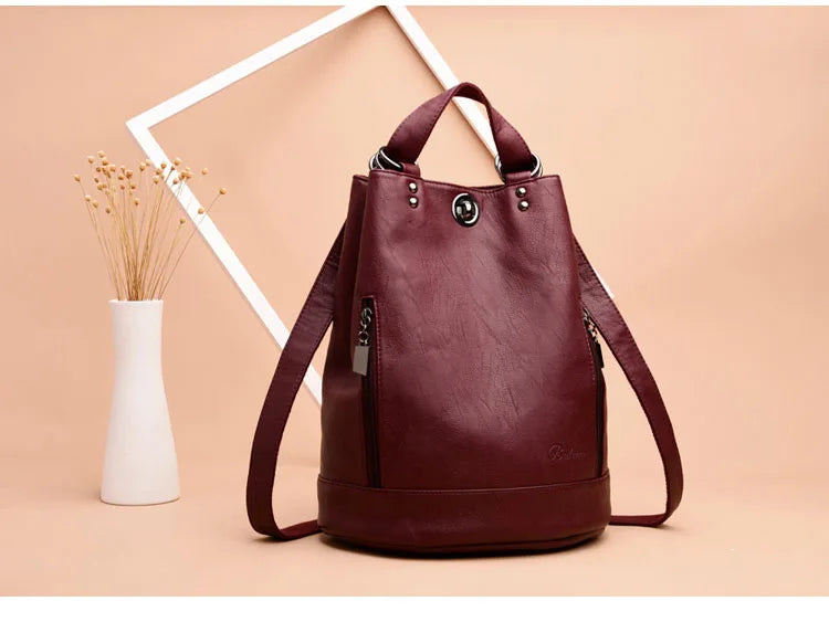 2022 Women Leather Backpacks Multifunction Women Vintage Shoulder Bag Ladies Rucksack Large Capacity Travel Bag Sac A Dos Preppy