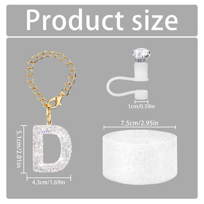 3Pcs Accessories Set for Stanley Cup, Including Diamond Straw Topper/Sparkly Silicone Boot Set（White）